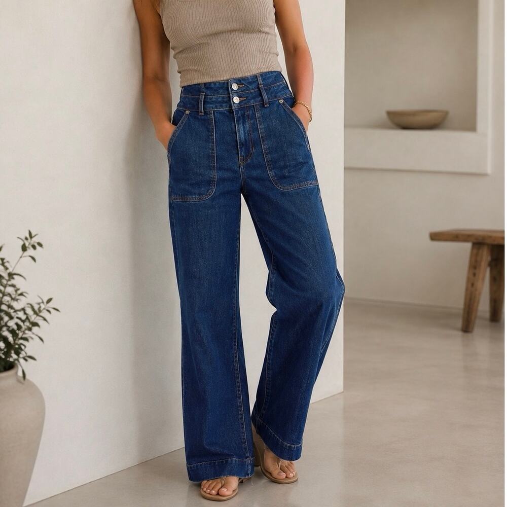 Veronica Beard Hilde Wide Ankle Crop High Rise Denim Utility Jeans Blue Size 25